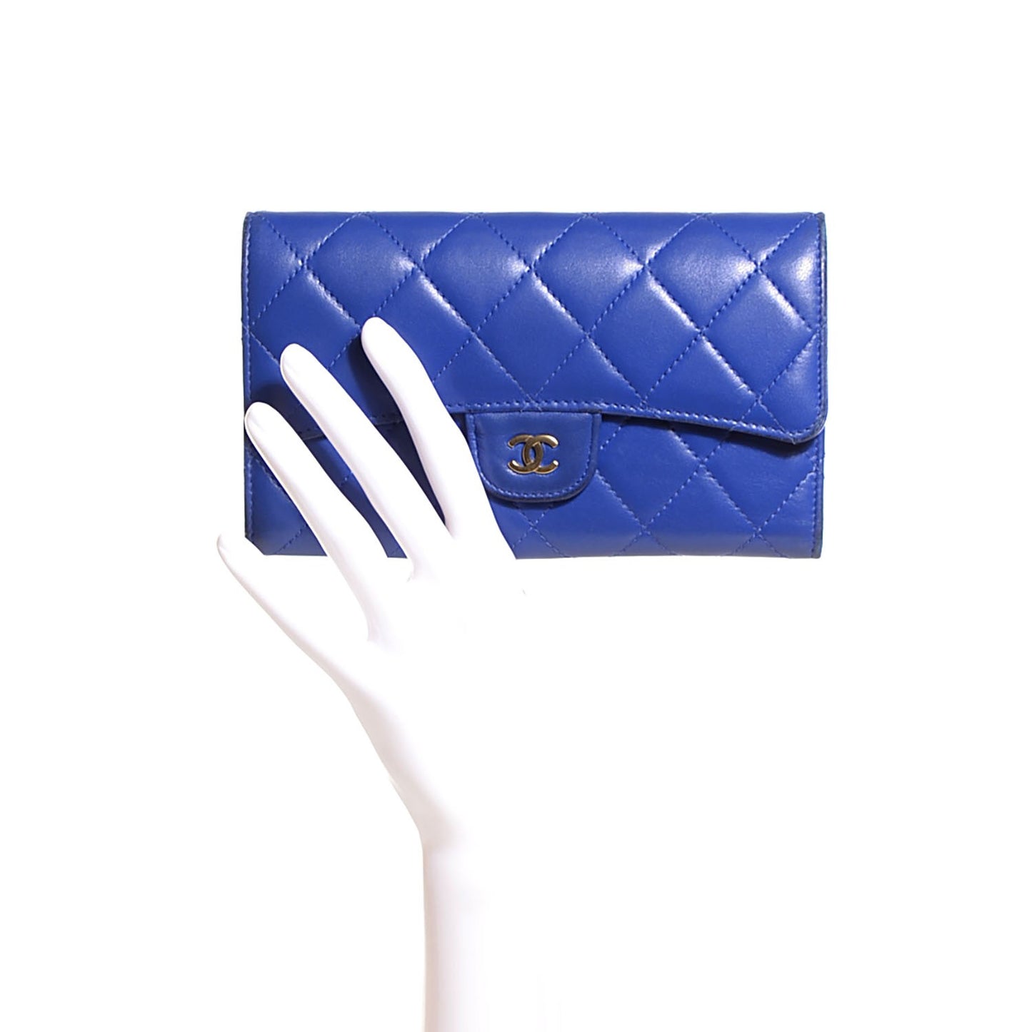 Lambskin Quilted Large Flap Wallet Dark Blue