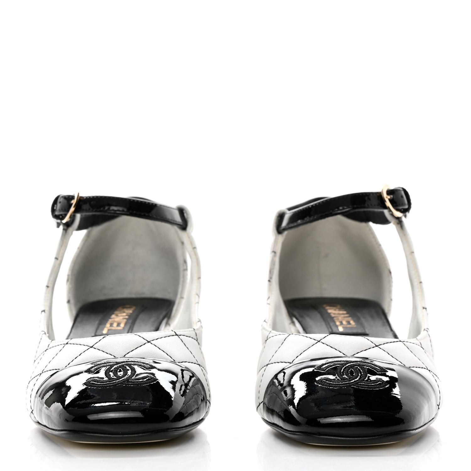 Chanel Lambskin Patent Quilted Cap Toe Mary Jane Flats 38 White Black 2 of 8
