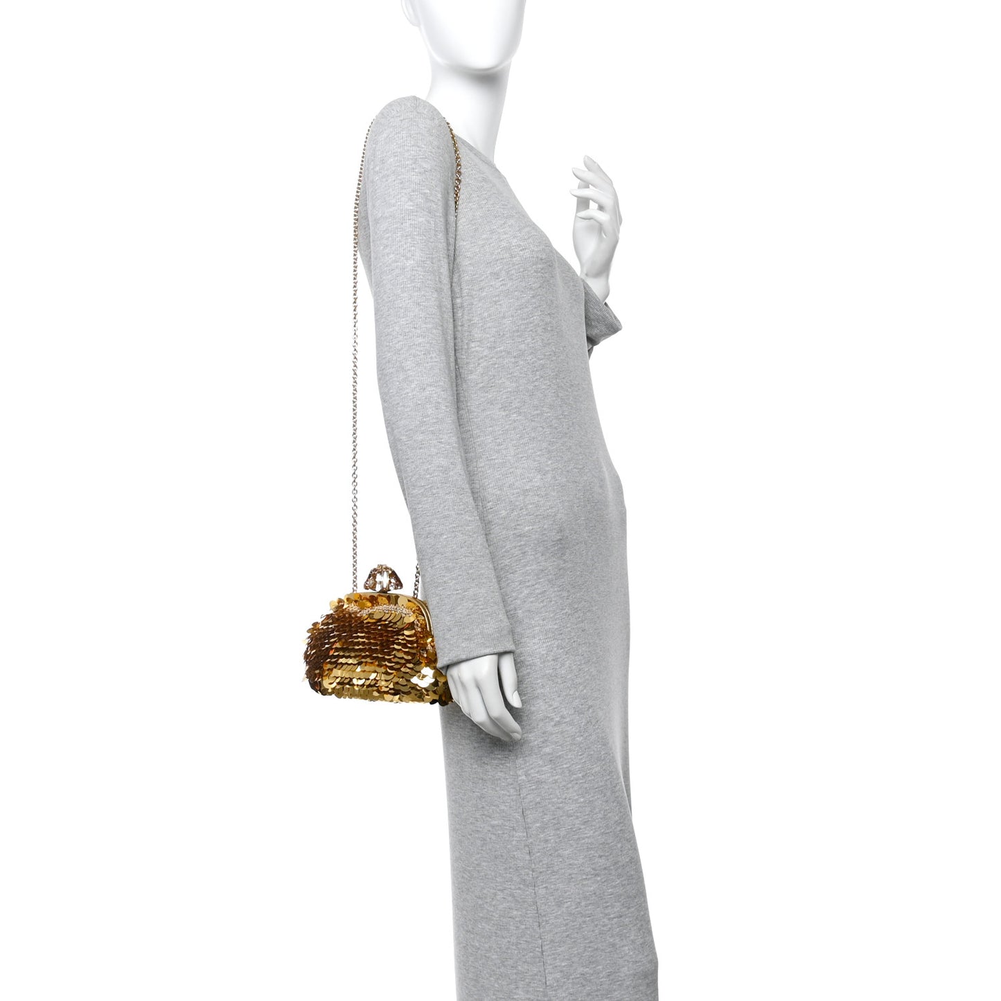 Crochet Sequin Paillettes Crystal Embellished Chain Clutch Gold