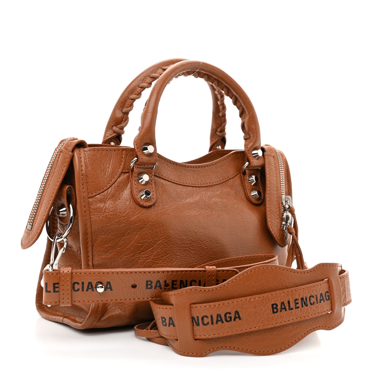 Agneau Classic Silver Hardware Mini City Logo Strap Camel Black