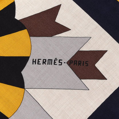 Hermes Cashmere Silk Cheval De Fete Shawl 140 Naturel Marine Moutarde 2 of 4