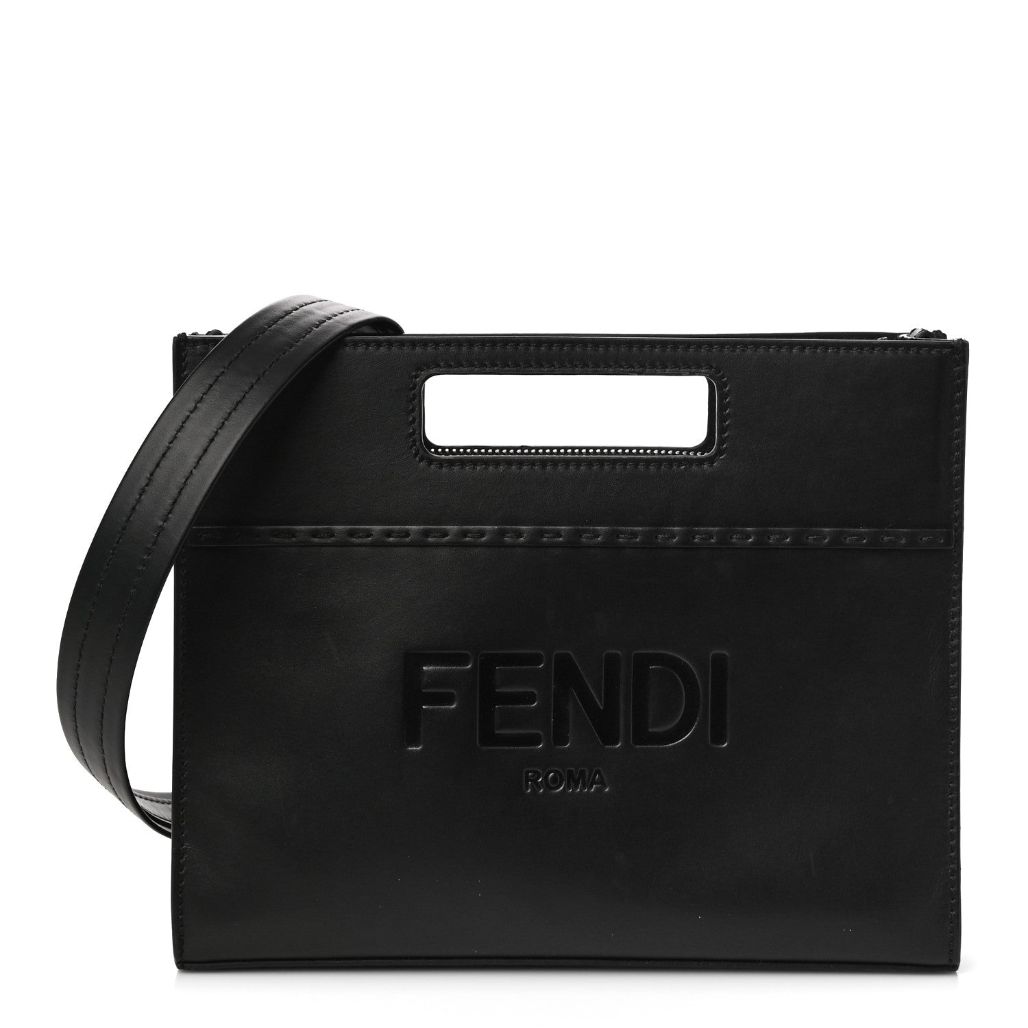 Fendi Vitello King Logo Embossed Mini East West Shopper Black 1 of 11