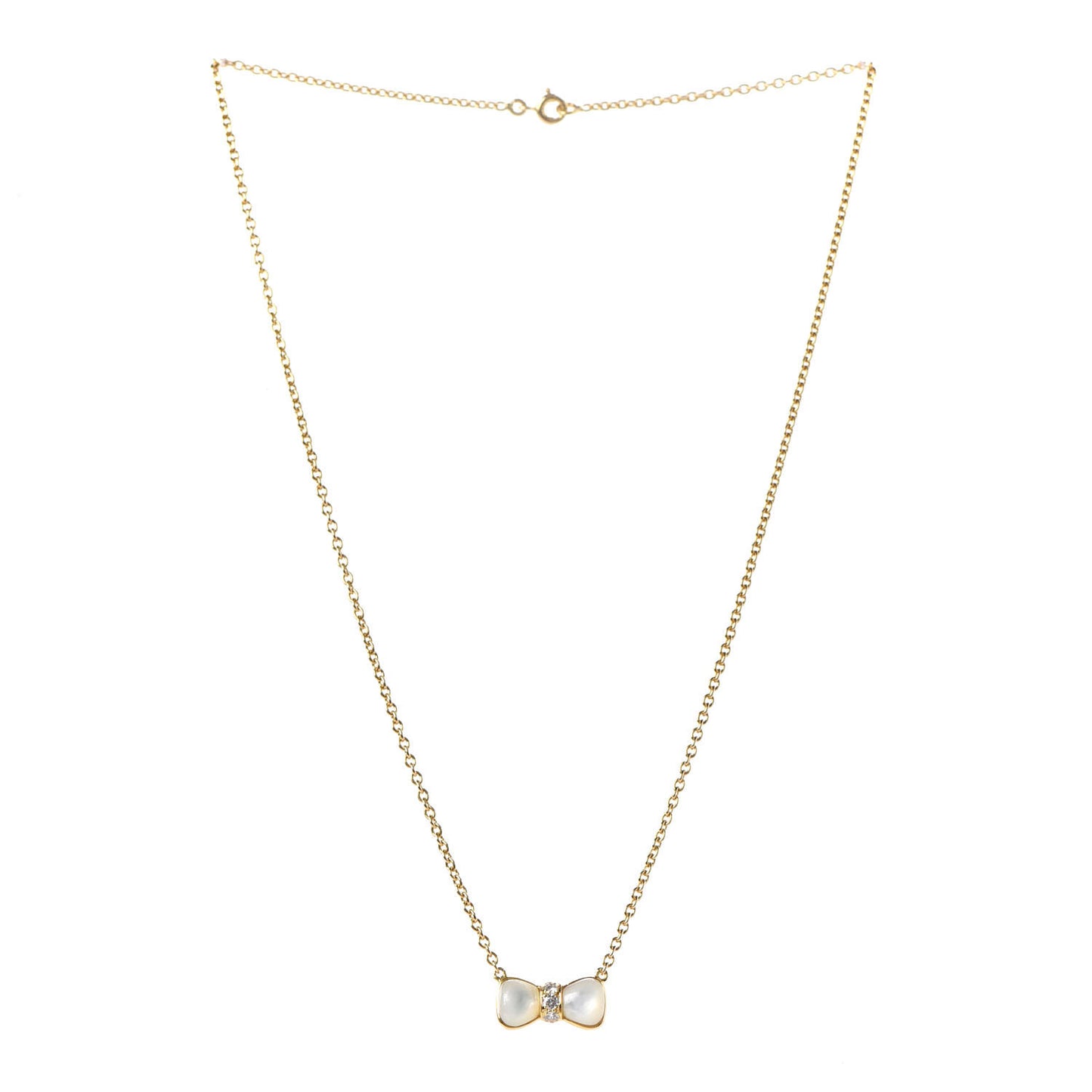18K Yellow Gold Diamond Mother of Pearl Bow Pendant Necklace