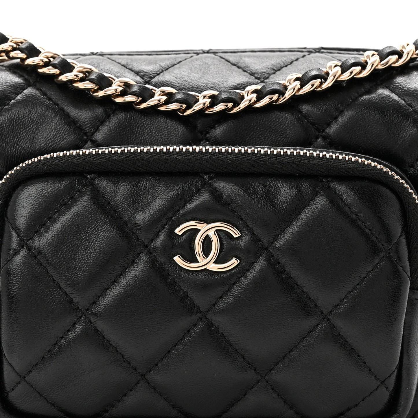 Shiny Crumpled Lambskin Quilted Small Preppy Pocket Camera Case Black