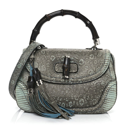 Gucci Calfskin Lizard Embossed Medium New Bamboo Top Handle Bag Blue 1 of 11