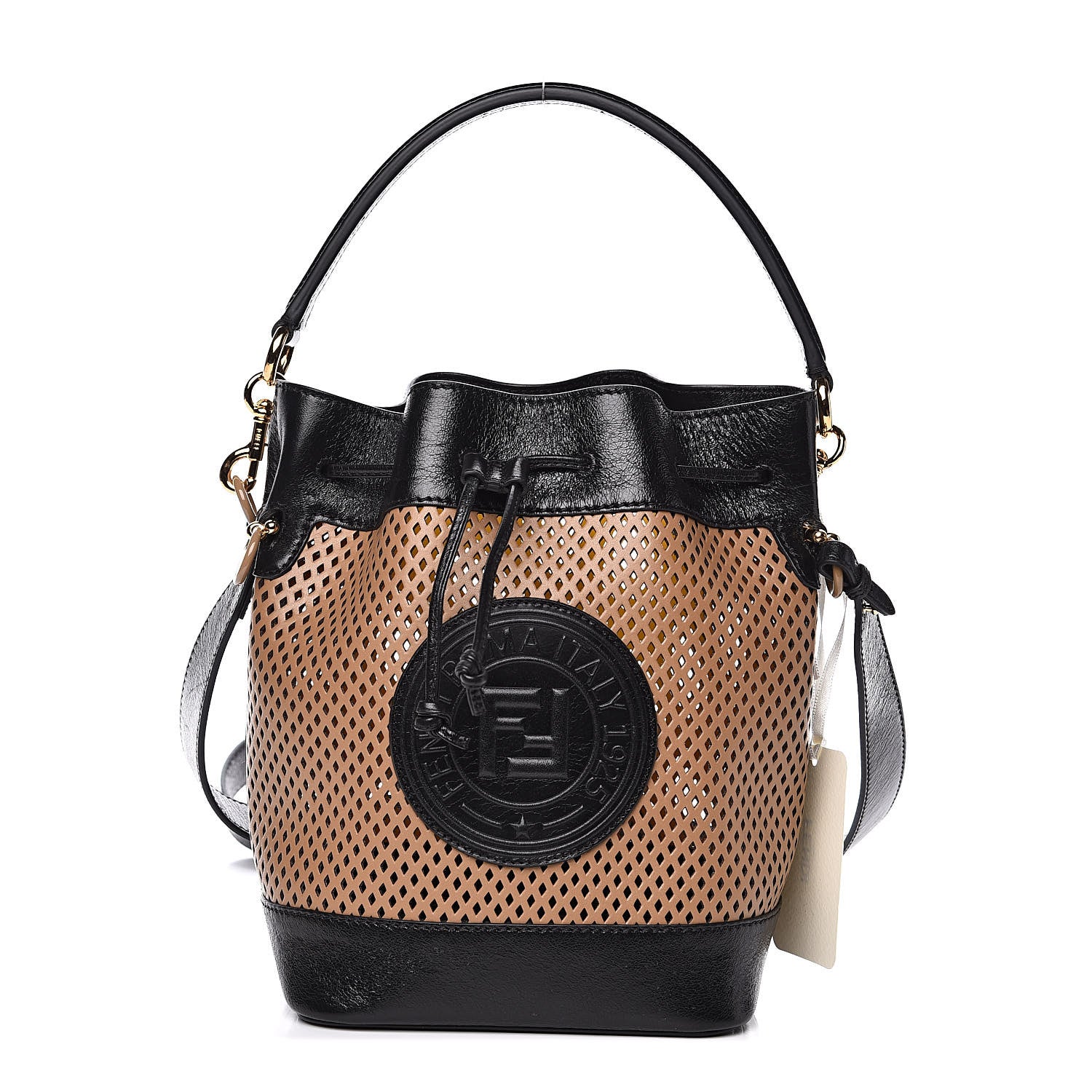 Fendi Vitello Liberty Glossy Lambskin F is Fendi Perforated Large Mon Tresor Bucket Bag Sand Mimosa Black 1 of 9