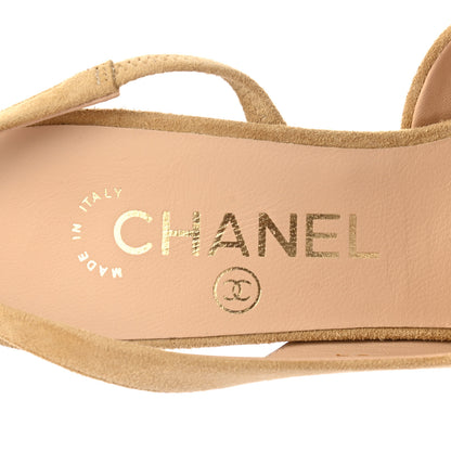 Chanel Kid Suede Grosgrain Cap Toe Pearl Slingback Sandals 35 Beige Black 9 of 11
