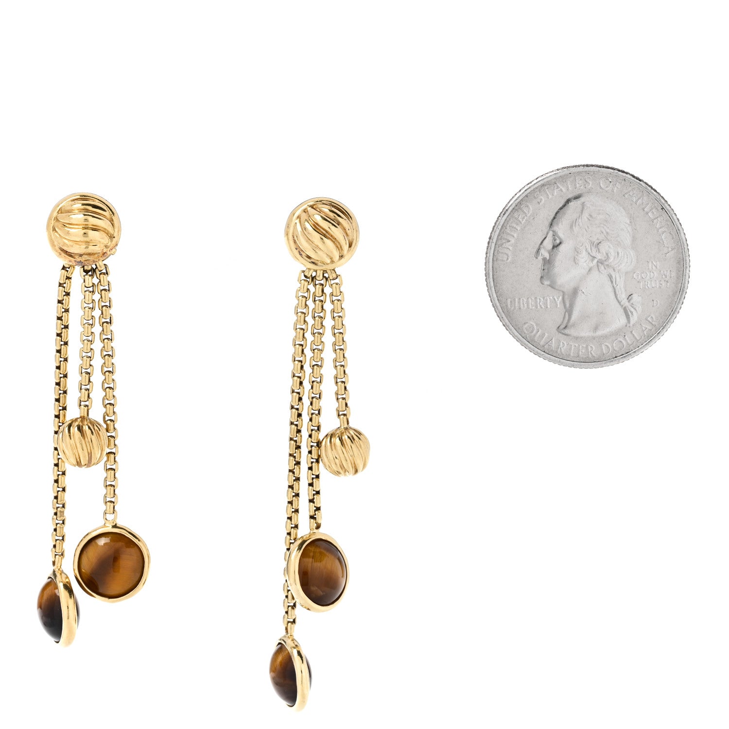 David Yurman 18K Yellow Gold Tiger's Eye Cable 3 Drop Earrings 2 of 4