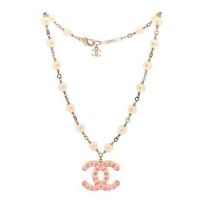 Chanel Pearl Crystal Resin CC Necklace Pink Gold White 3 of 5