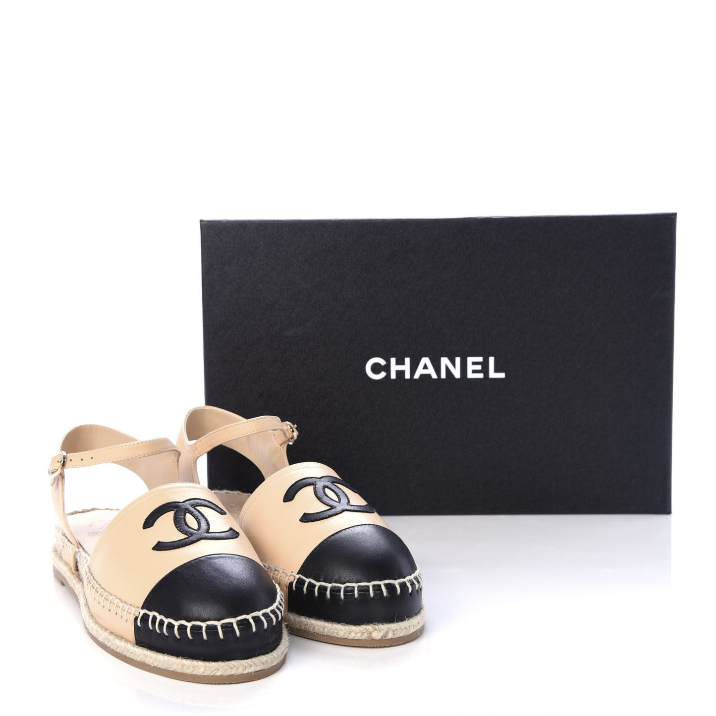 Lambskin Cap Toe CC Espadrille Sandals 39 Beige Black