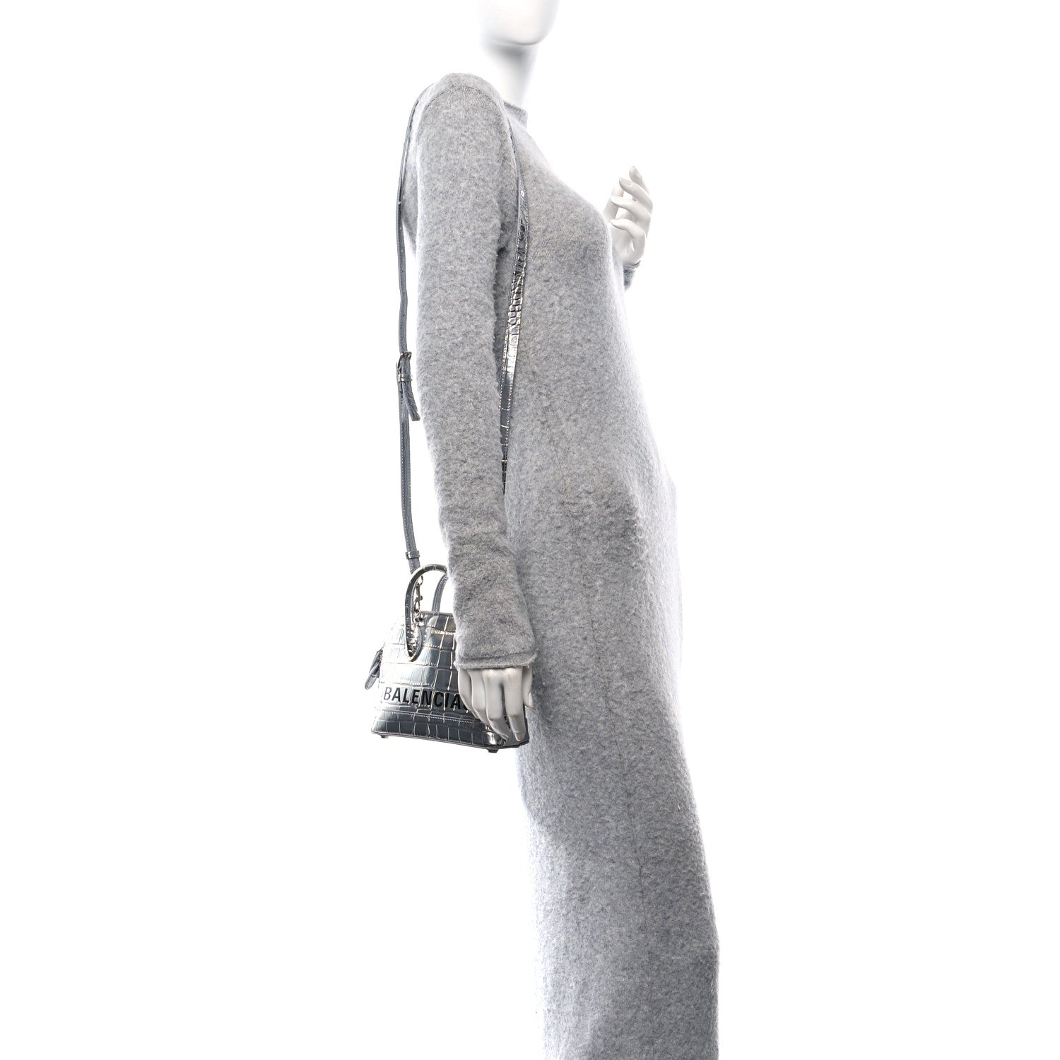 Balenciaga Metallic Calfskin Logo Crocodile Embossed XXS Ville Top Handle Bag Silver Black 2 of 9