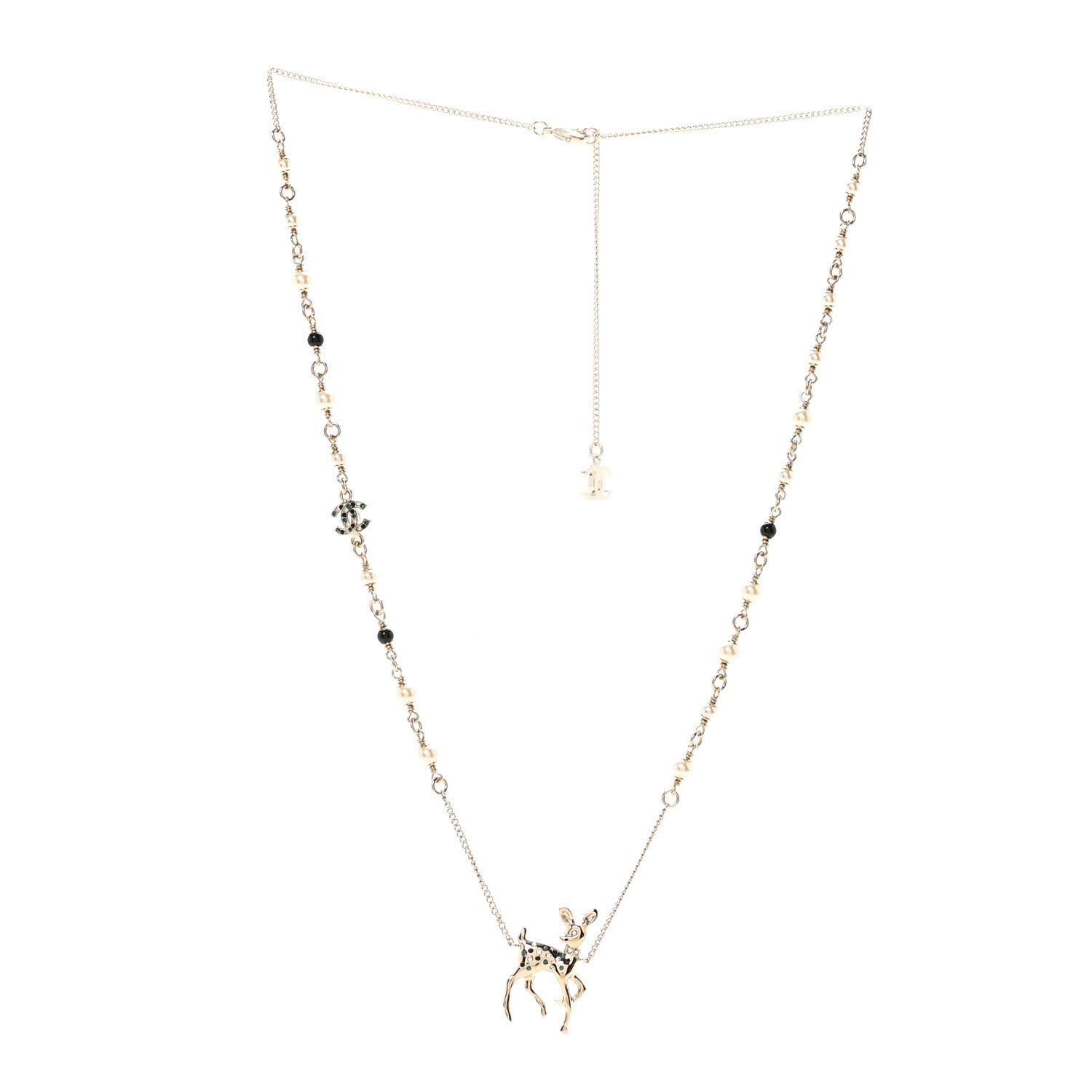 Chanel Metal Crystal Pearl Deer Pendant Necklace Green Black Gold 3 of 7