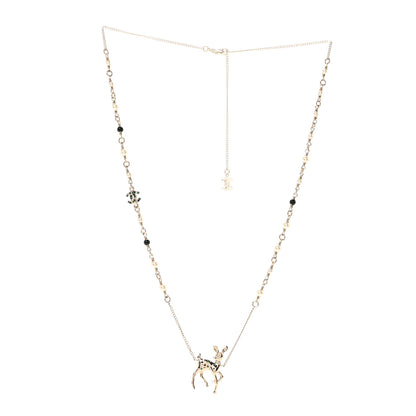 Chanel Metal Crystal Pearl Deer Pendant Necklace Green Black Gold 3 of 7