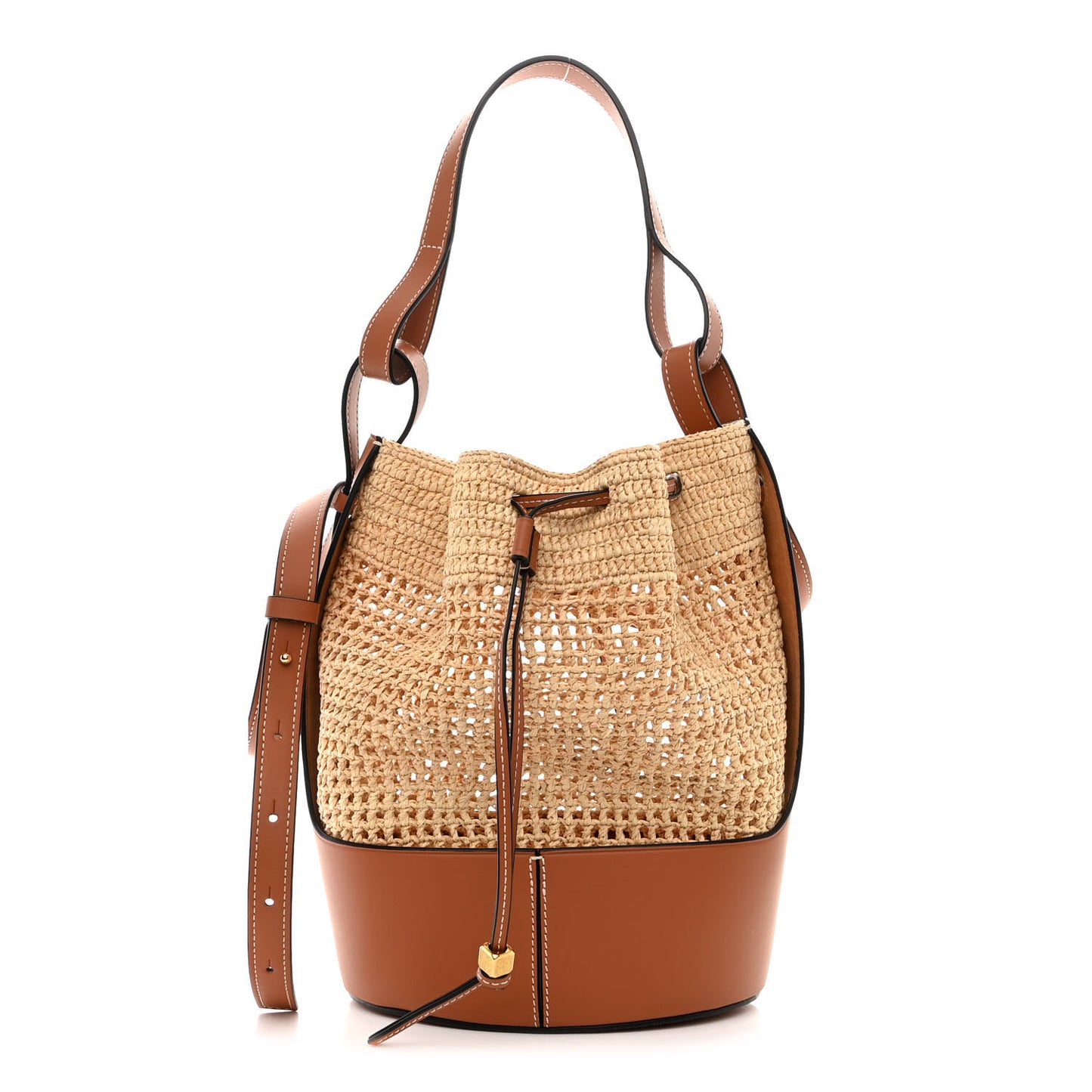 Raffia Calfskin Balloon Bucket Bag Natural Tan