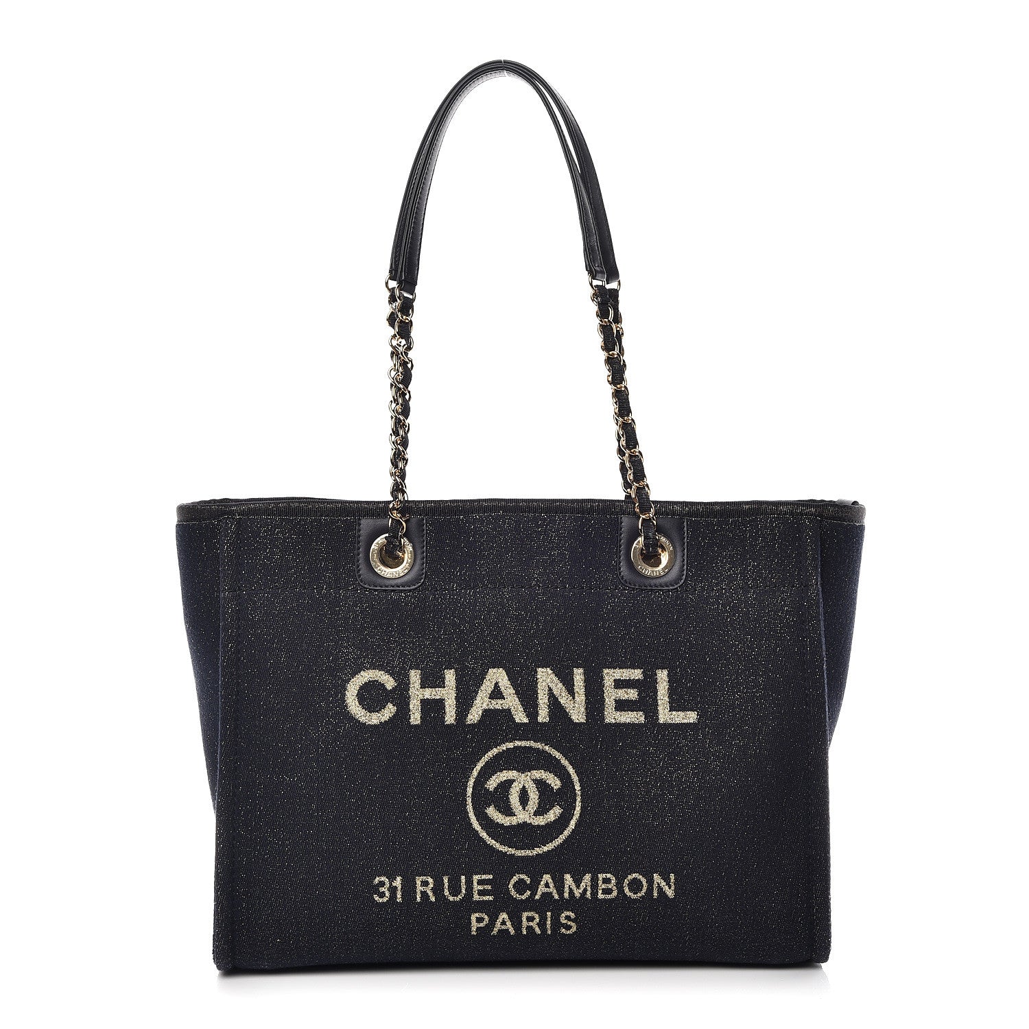 Chanel Lurex Canvas Small Deauville Tote Navy Blue Gold 1 of 12