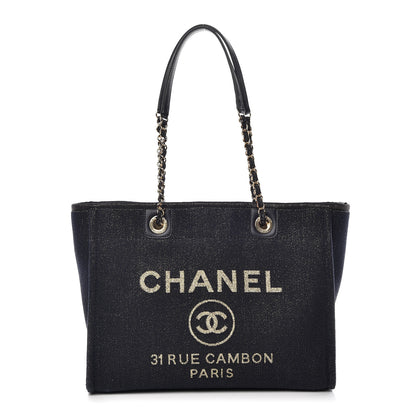 Chanel Lurex Canvas Small Deauville Tote Navy Blue Gold 1 of 12
