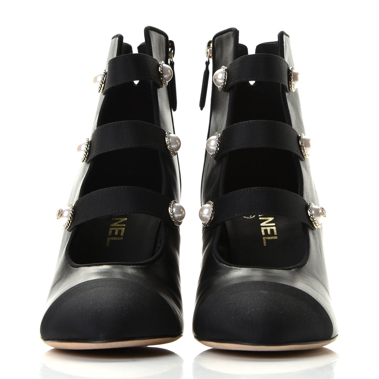 Lambskin Grosgrain Cap Toe Pearl Ankle Boots 39.5 Black