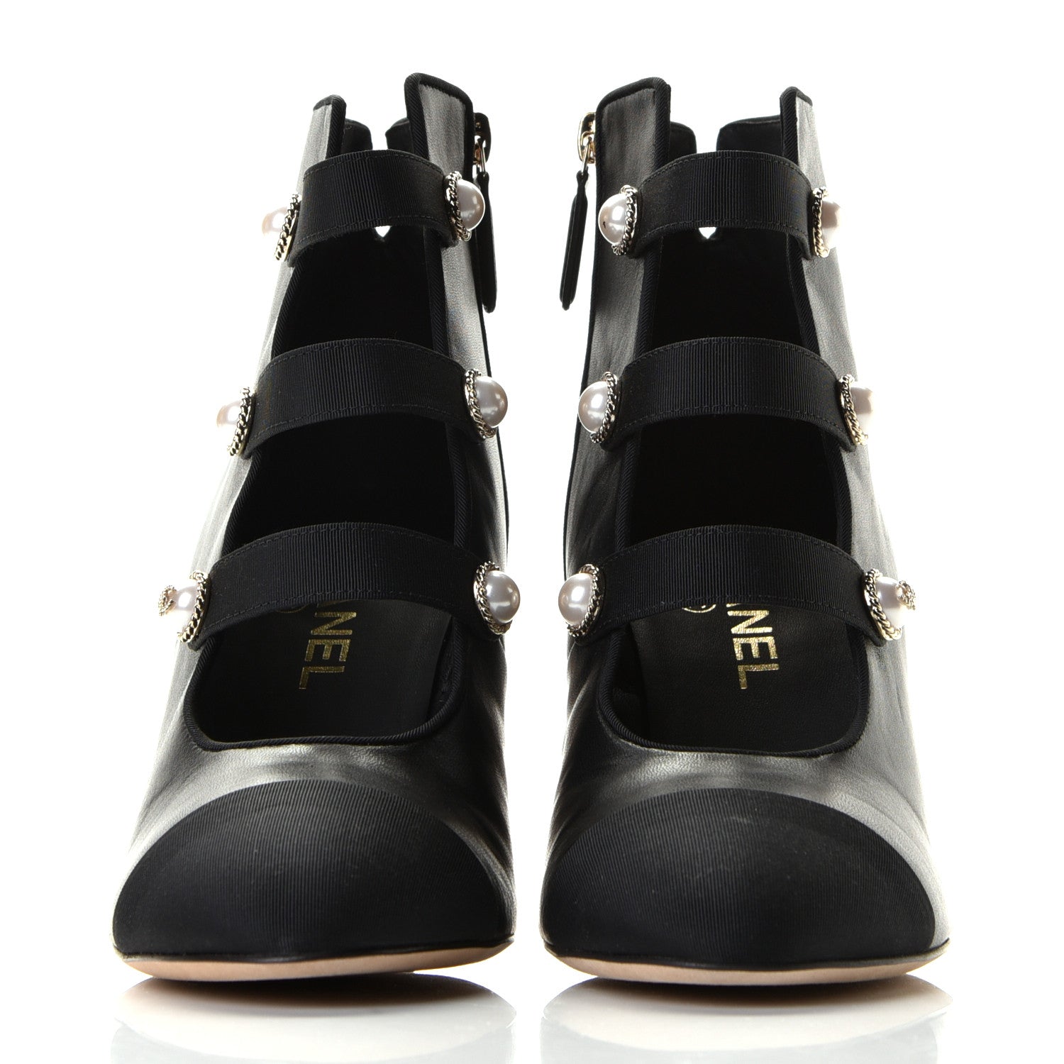 Chanel Lambskin Grosgrain Cap Toe Pearl Ankle Boots 39.5 Black 2 of 6