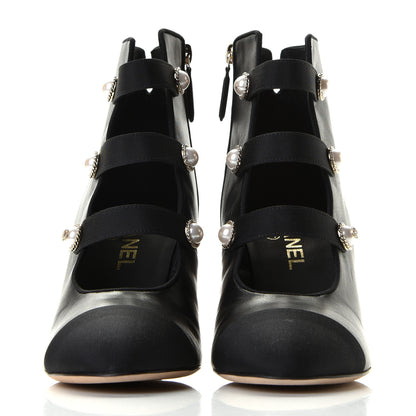 Chanel Lambskin Grosgrain Cap Toe Pearl Ankle Boots 39.5 Black 2 of 6