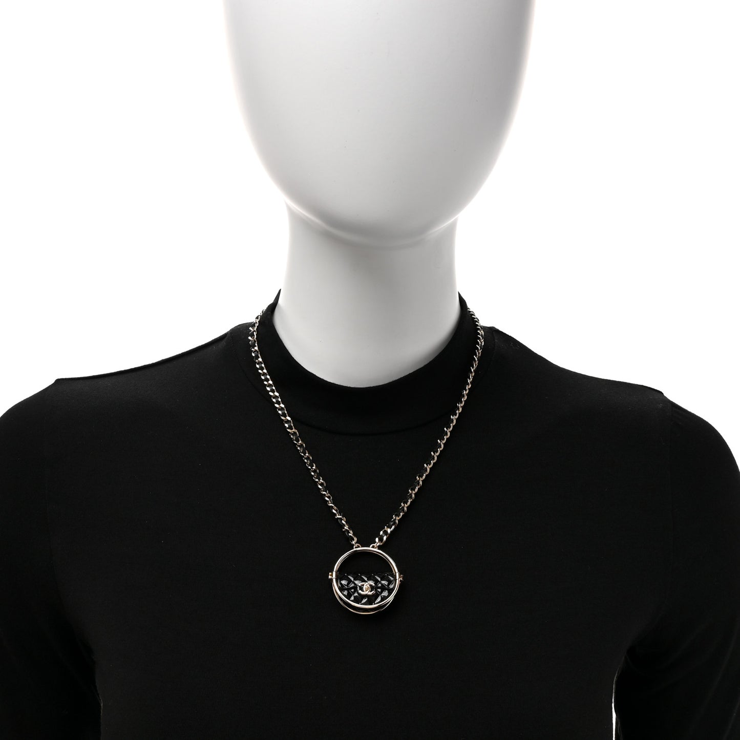 Metal Resin Quilted Flap Bag Hoop Mirror Necklace Black Gold