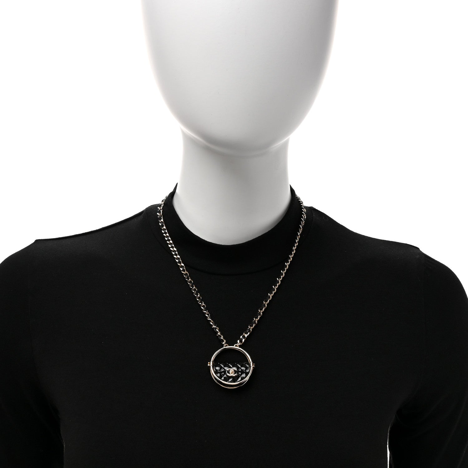 Chanel Metal Resin Quilted Flap Bag Hoop Mirror Necklace Black Gold 2 of 5