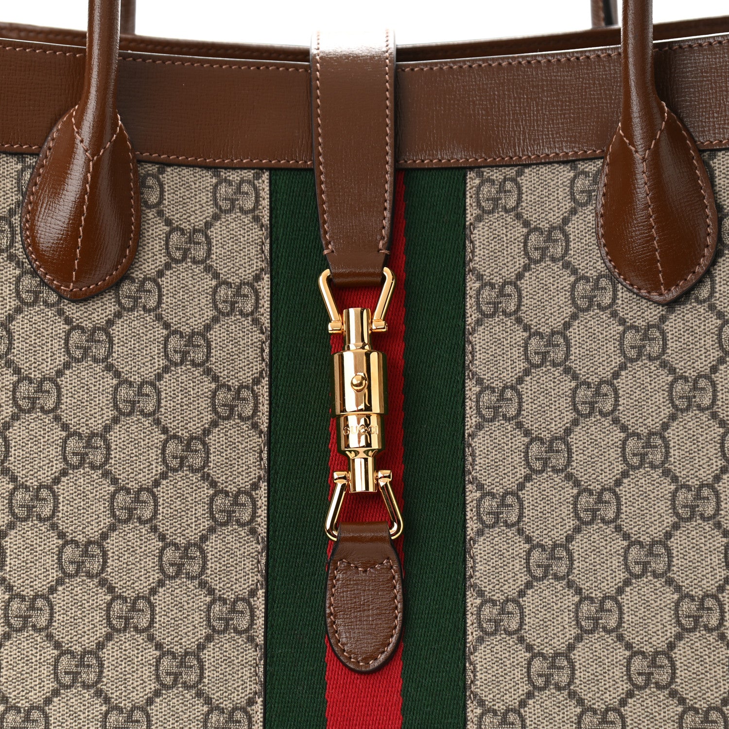 Gucci GG Supreme Monogram Azalea Calfskin Web Large Jackie 1961 Tote Beige Ebony Brown Sugar 8 of 10