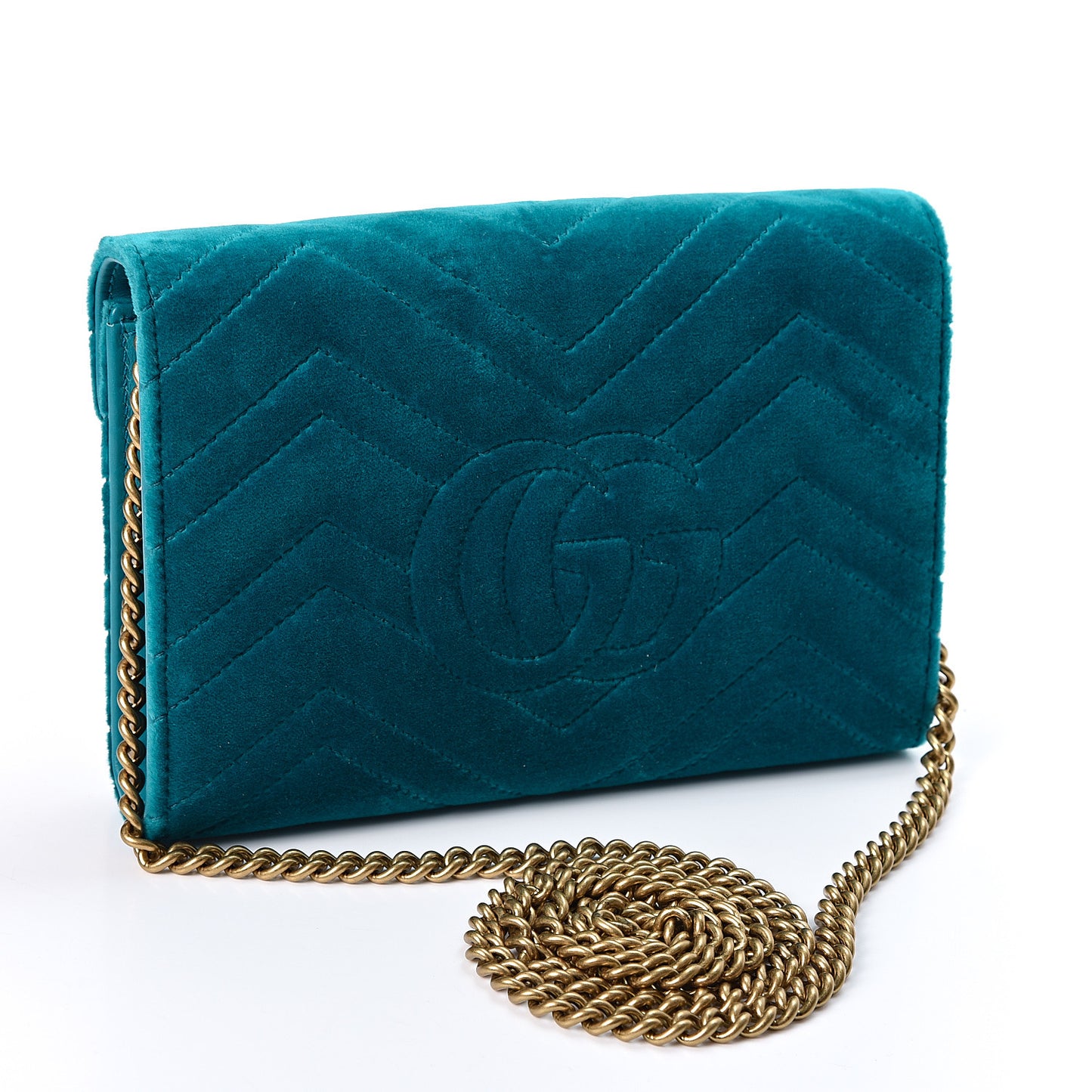 Velvet Matelasse GG Marmont Chain Wallet Pavone Cyan