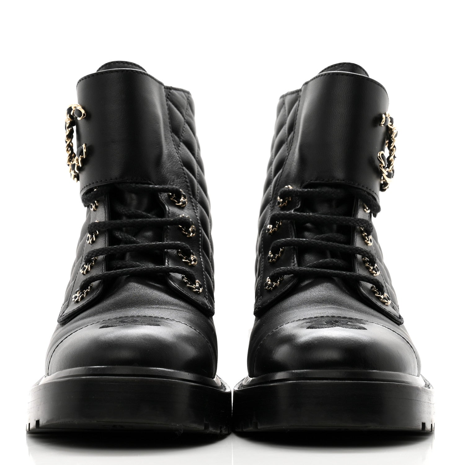 Chanel Shiny Lambskin Quilted Lace Up Combat Boots 39 Black 5 of 20