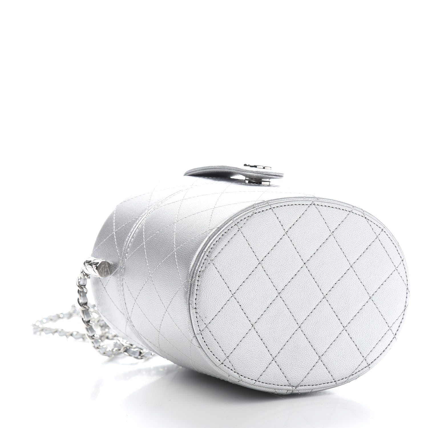 Chanel Metallic Lambskin Quilted Round Vanity Case With Chain Silver 4 of 12