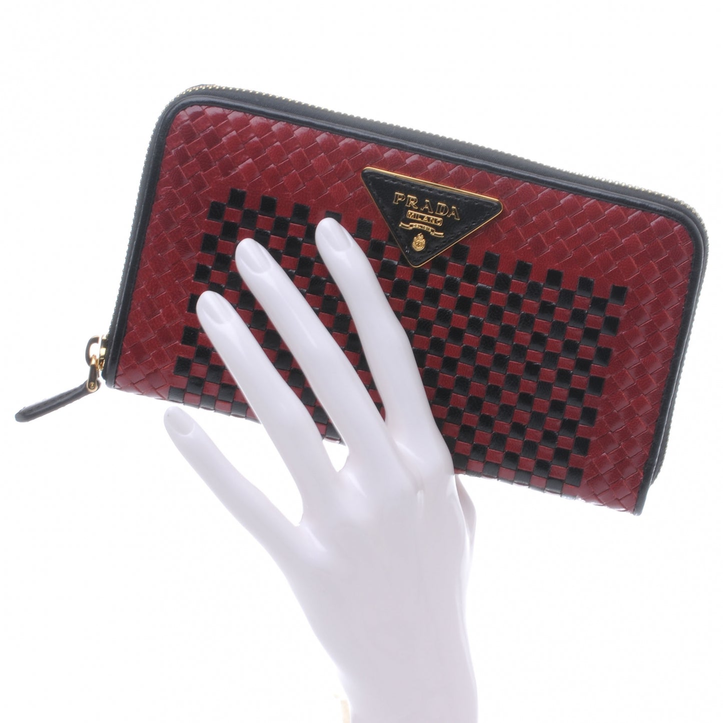 Goatskin Woven Zip Around Wallet Rubino Black
