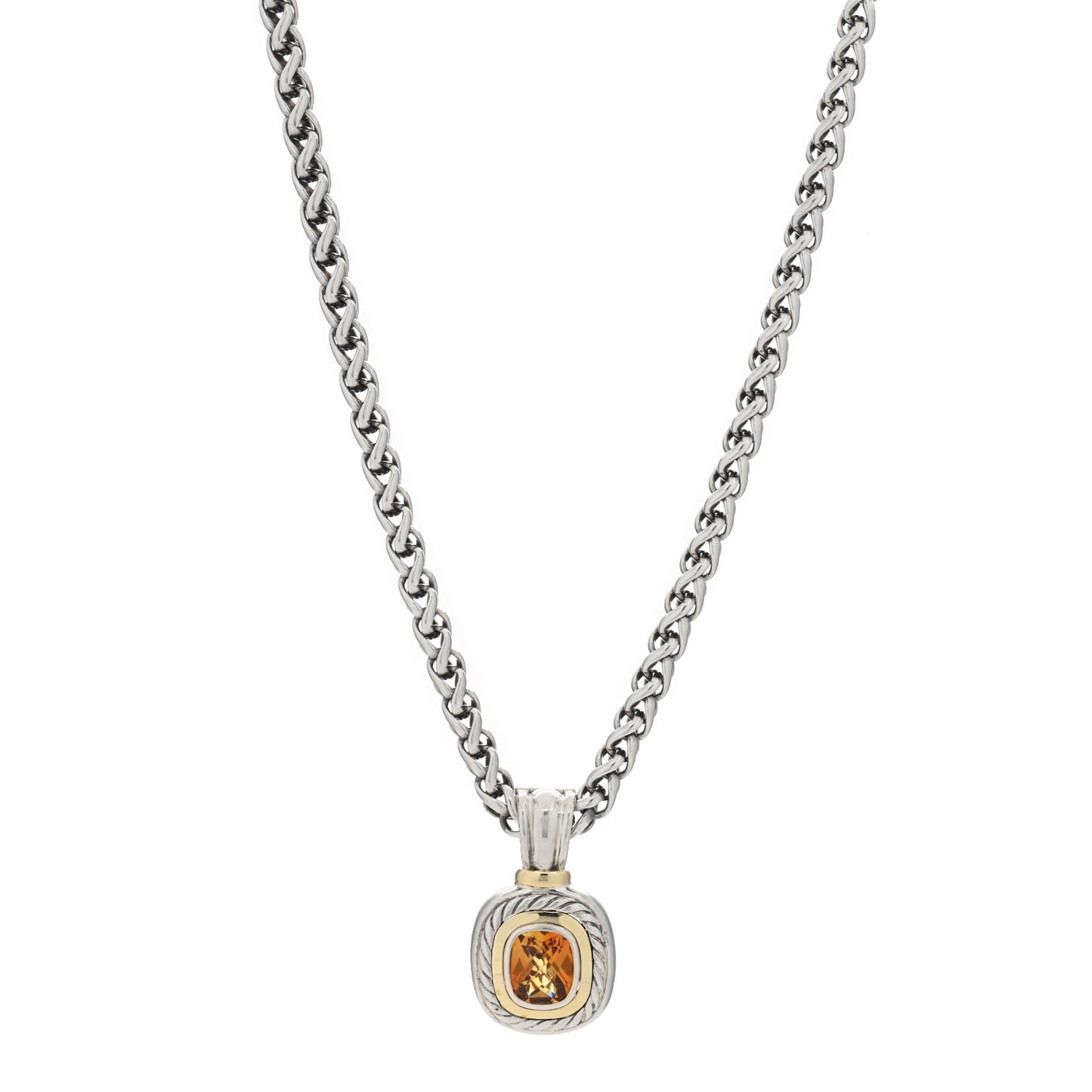Sterling Silver 14K Yellow Gold Citrine Albion Pendant Wheat Chain Necklace