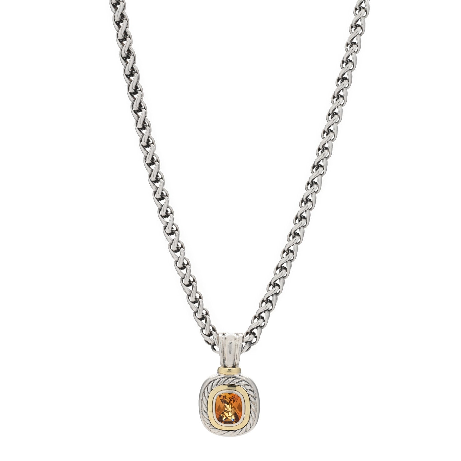David Yurman Sterling Silver 14K Yellow Gold Citrine Albion Pendant Wheat Chain Necklace 1 of 4