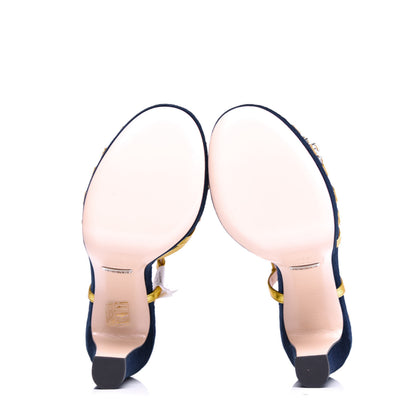 Gucci Velvet Nappa Crystal Zephyra Slingback Platform High Heel Sandals 36.5 Blue Gold 6 of 10