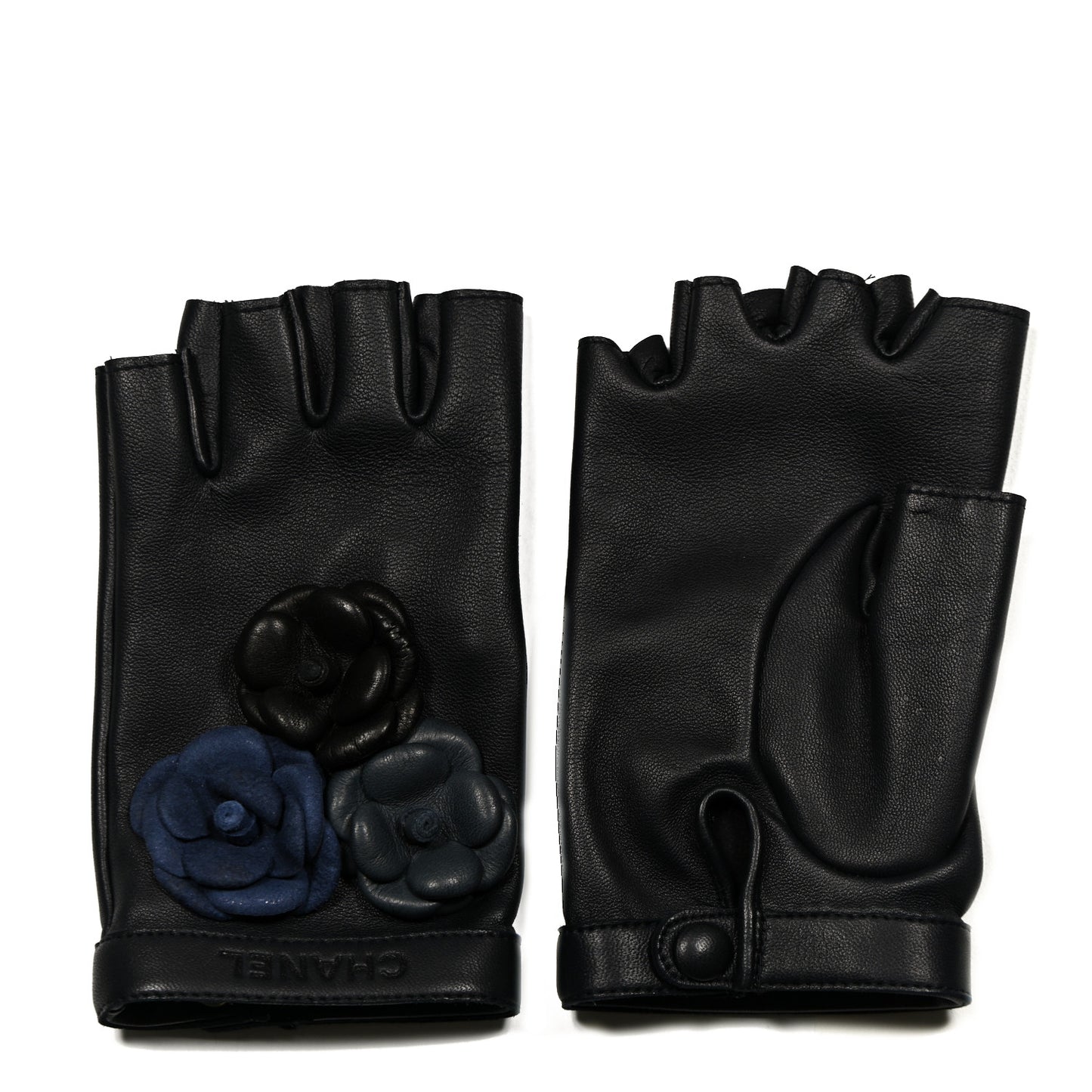 Lambskin Camellia Fingerless Gloves 7.5 Black Navy Blue Grey