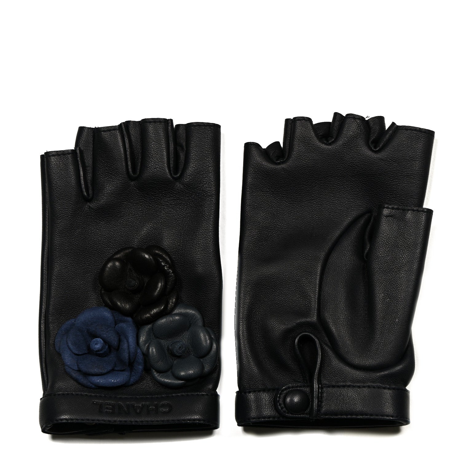 Chanel Lambskin Camellia Fingerless Gloves 7.5 Black Navy Blue Grey 1 of 4
