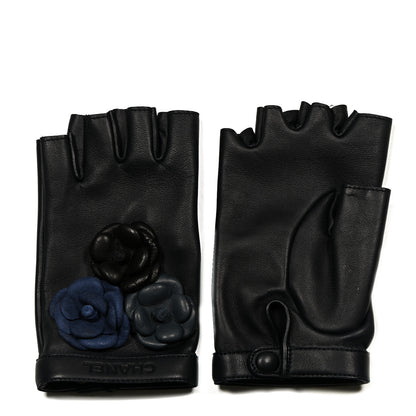 Chanel Lambskin Camellia Fingerless Gloves 7.5 Black Navy Blue Grey 1 of 4