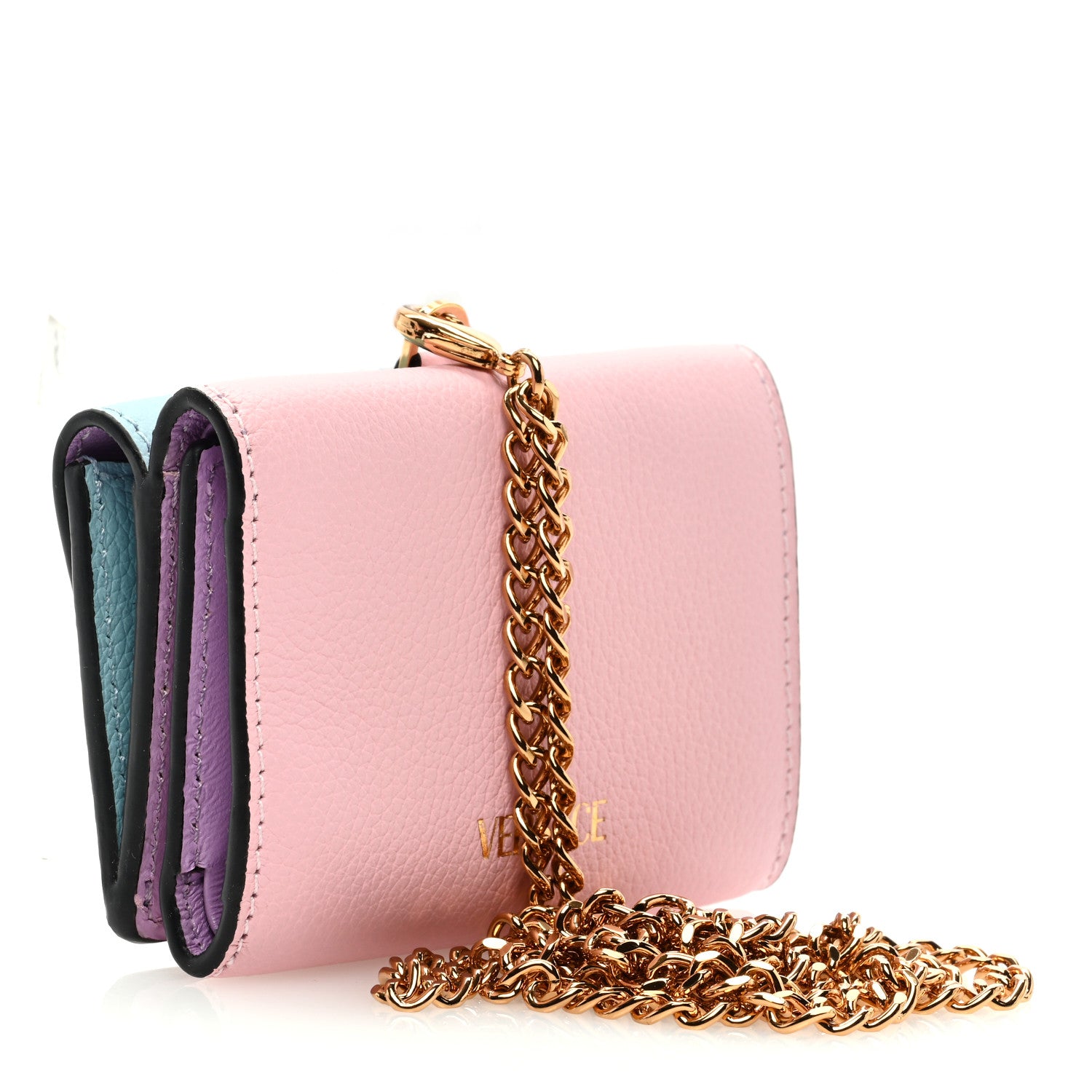 Versace Grained Calfskin Medusa Wallet on Chain Blue Pink 2 of 7