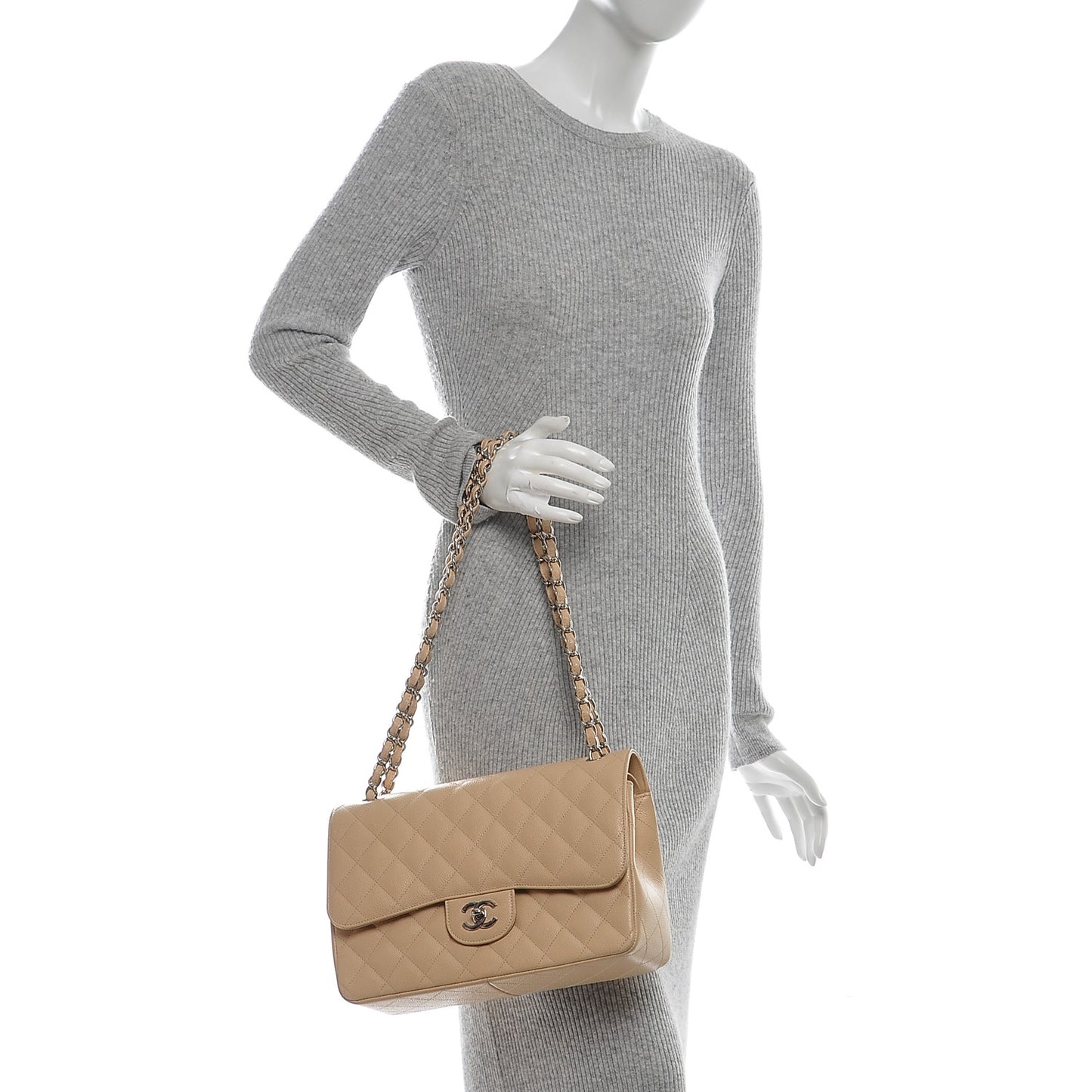 Caviar Quilted Jumbo Double Flap Beige Clair