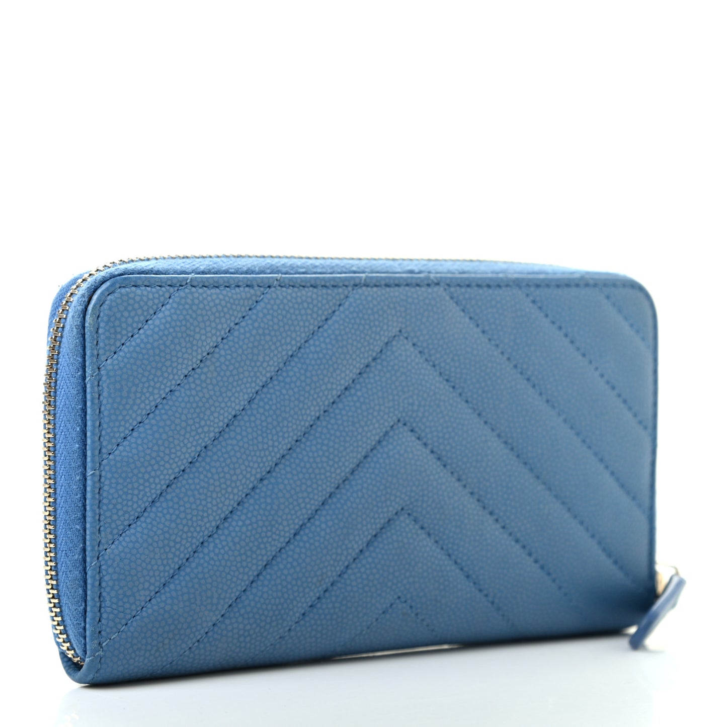 Caviar Chevron Quilted Small Zip Around Wallet Blue