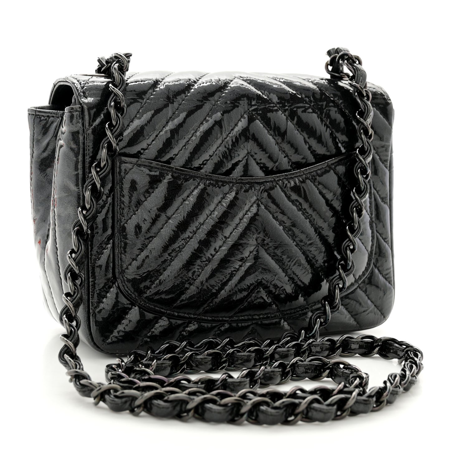 Metallic Patent Crumpled Calfskin Chevron Quilted Mini Square Flap Black
