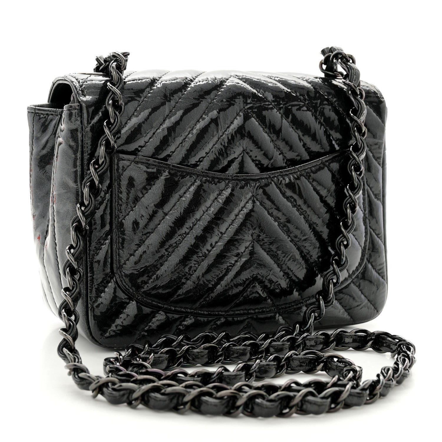 Chanel Metallic Patent Crumpled Calfskin Chevron Quilted Mini Square Flap Black 2 of 14