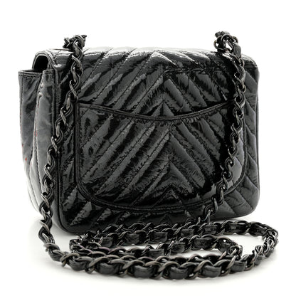 Chanel Metallic Patent Crumpled Calfskin Chevron Quilted Mini Square Flap Black 2 of 14