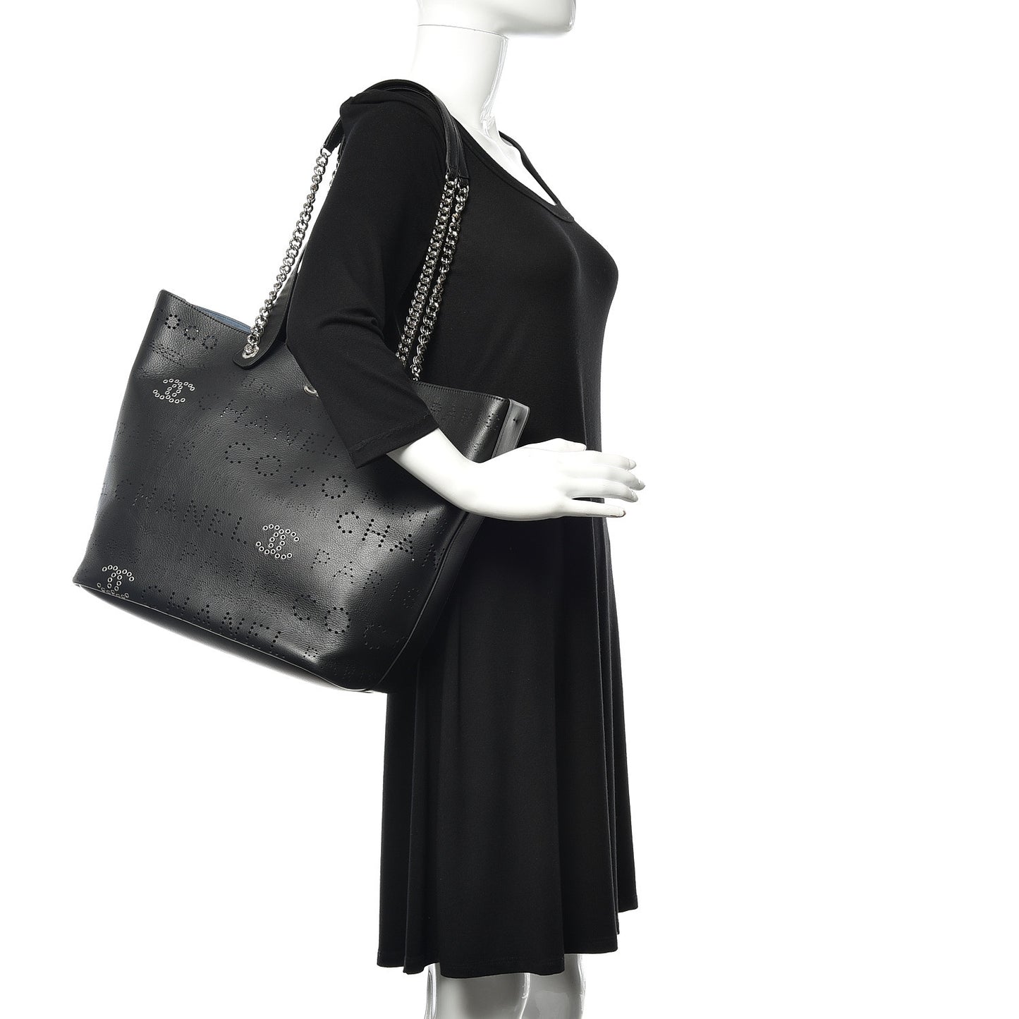 Calfskin Tweed Small Logo Eyelets Shopping Tote Black