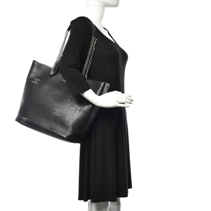 Chanel Calfskin Tweed Small Logo Eyelets Shopping Tote Black 2 of 11