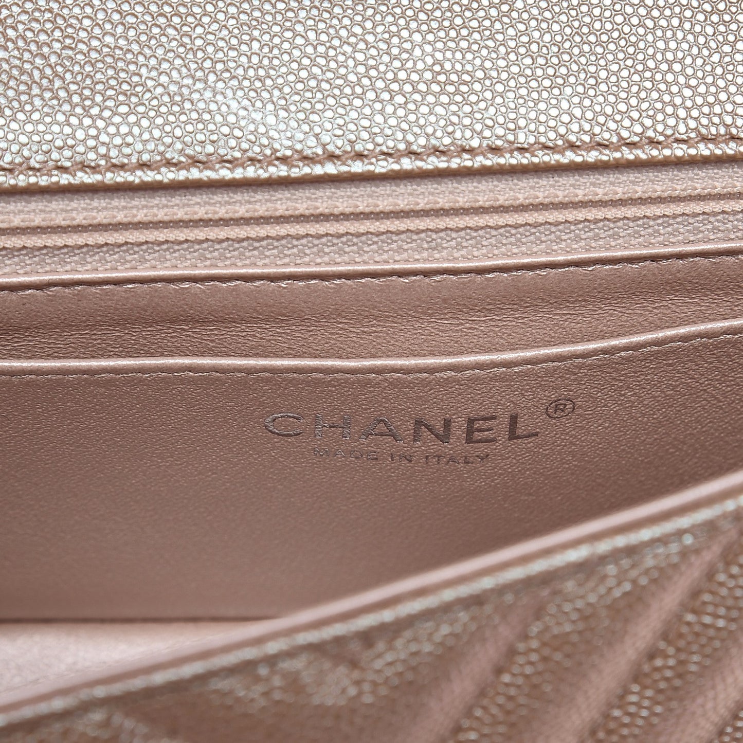 Iridescent Caviar Chevron Quilted Mini Rectangular Flap Light Gold