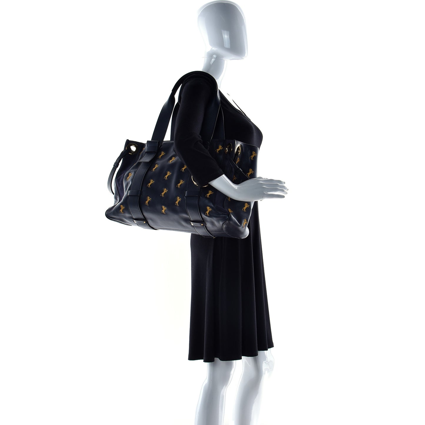 Smooth Calfskin Little Horses Embroidered Tao Zipped Tote Full Blue