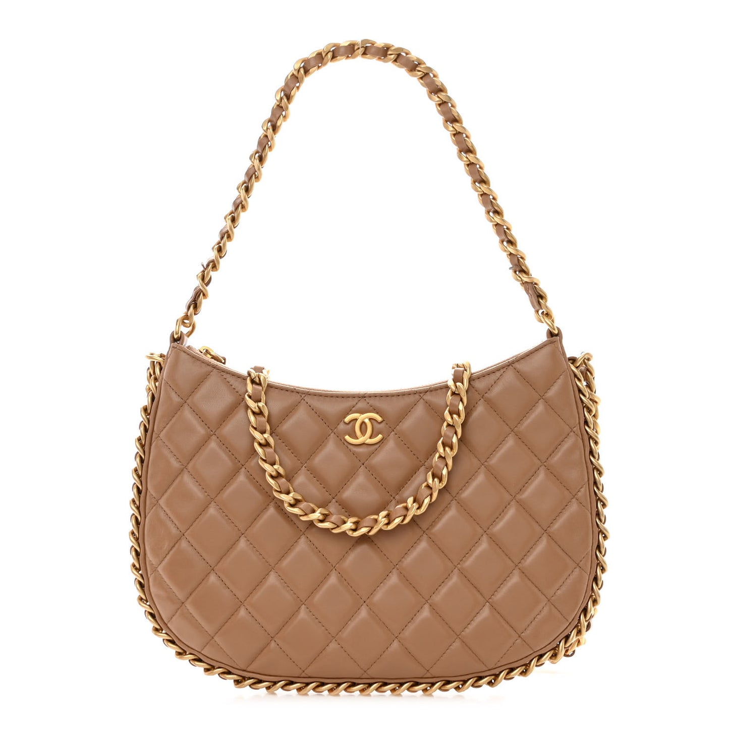 Shiny Crumpled Lambskin Quilted Large Trendy Chain Around Hobo Dark Beige