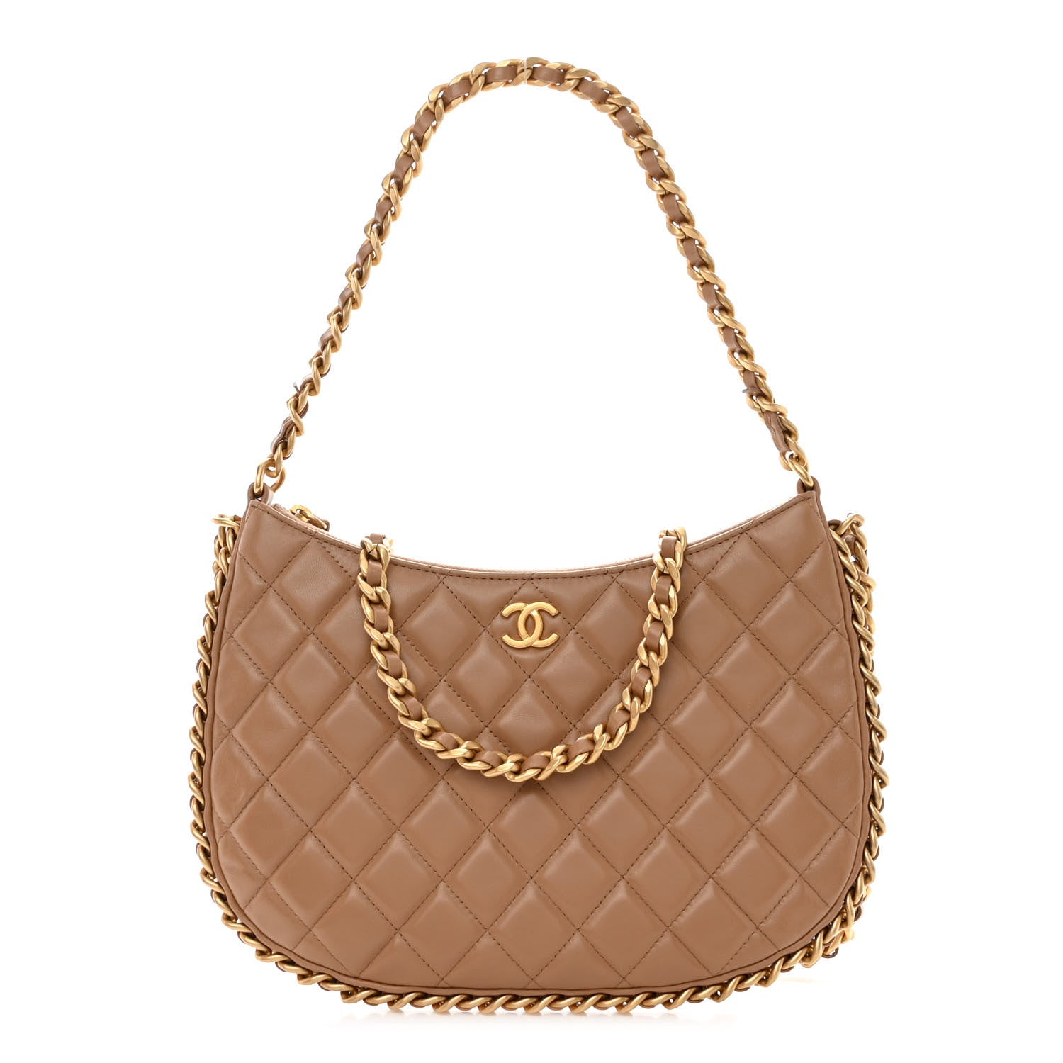 Chanel Shiny Crumpled Lambskin Quilted Large Trendy Chain Around Hobo Dark Beige 1 of 11