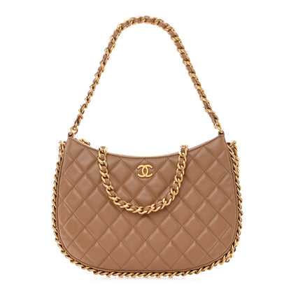 Chanel Shiny Crumpled Lambskin Quilted Large Trendy Chain Around Hobo Dark Beige 1 of 11