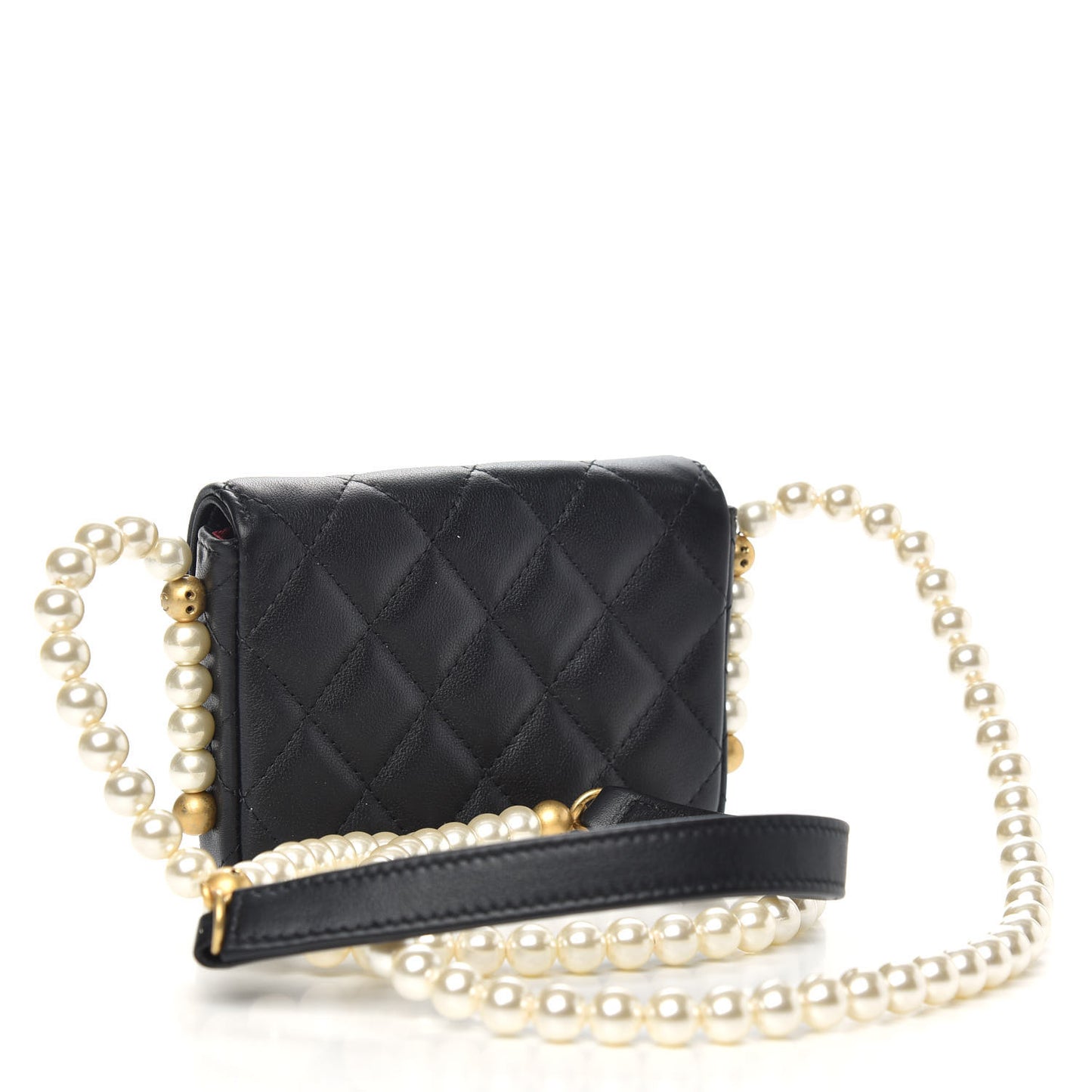 Calfskin Quilted About Pearls Card Holder Flap With Chain Black